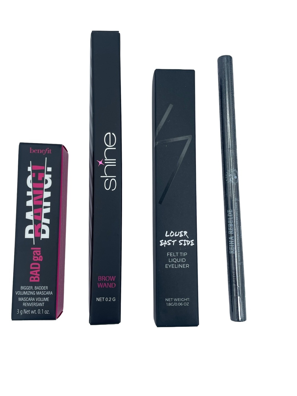 Eye Makeup Essentials-Benefit Mascara,Shine Brow Wand,Blk Eyeliner, 1 Felt 1 Gel